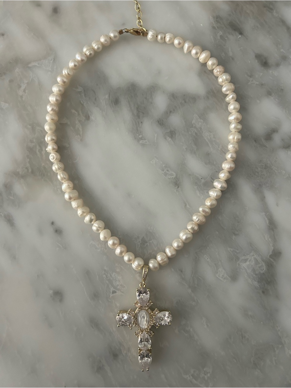 Vida Kush Virgin Mary Cross Pearl Necklace